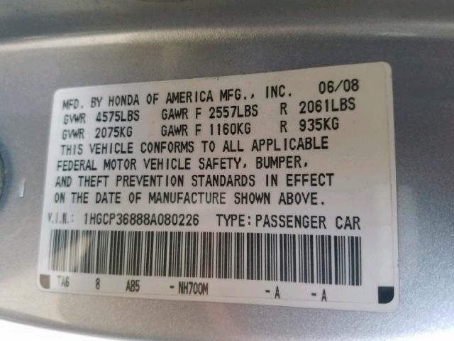 1HGCP36888A080226 - 2008 HONDA ACCORD EXL SILVER photo 10