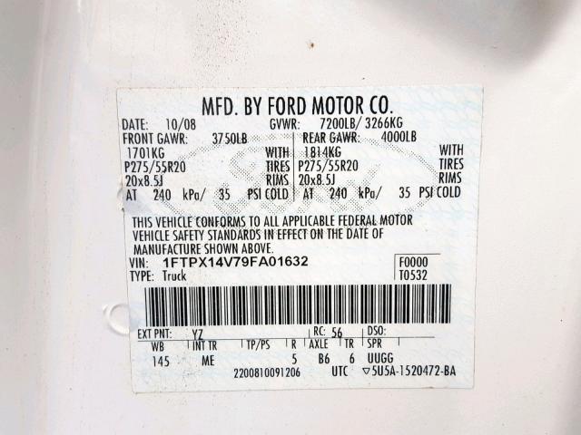 1FTPX14V79FA01632 - 2009 FORD F150 SUPER WHITE photo 10