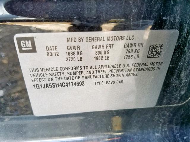 1G1JA5SH4C4174693 - 2012 CHEVROLET SONIC LS შავი ფოტო 10