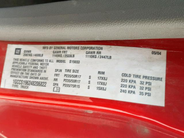 1GCCS196248206822 - 2004 CHEVROLET COLORADO RED photo 10