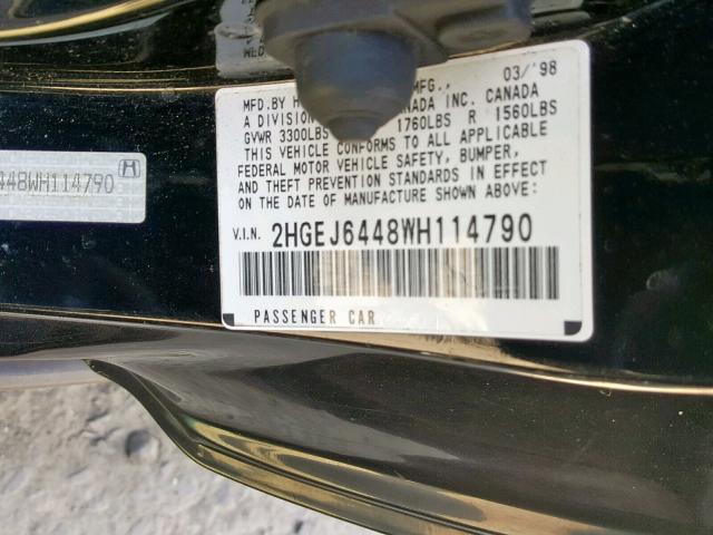 2HGEJ6448WH114790 - 1998 HONDA CIVIC DX BLACK photo 10