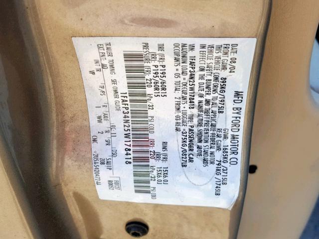 1FAFP34N25W178418 - 2005 FORD FOCUS ZX4 GOLD photo 10