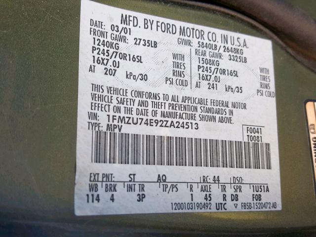 1FMZU74E92ZA24513 - 2002 FORD EXPLORER E GREEN photo 10