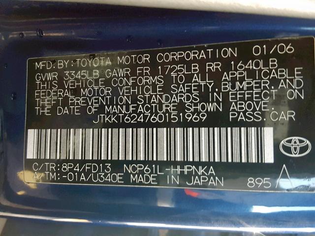 JTKKT624760151969 - 2006 TOYOTA SCION XA BLUE photo 10