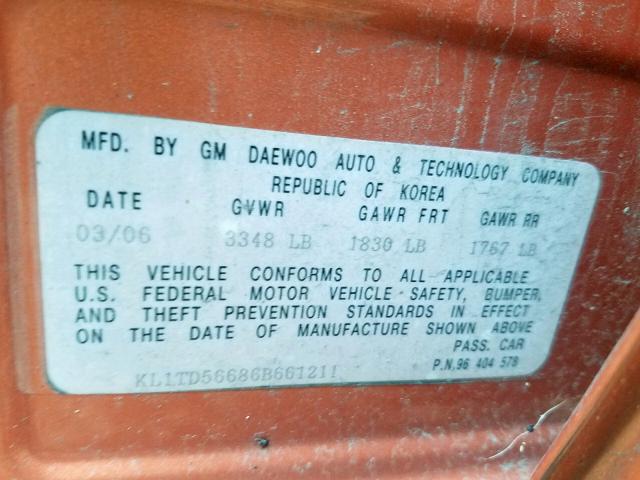 KL1TD56686B661211 - 2006 CHEVROLET AVEO BASE Narıncı foto 10
