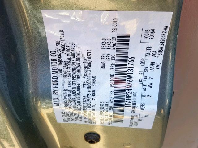 1FAHP34N76W131766 - 2006 FORD FOCUS ZX4 GREEN photo 10