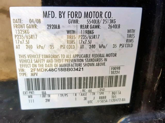 2FMDK48C18BB03421 - 2008 FORD EDGE SEL BLACK photo 10