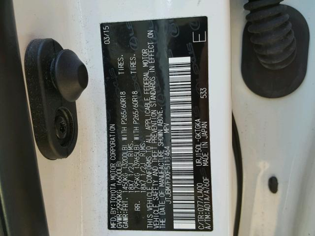 JTJBM7FXXF5111464 - 2015 LEXUS GX BASE WHITE photo 10