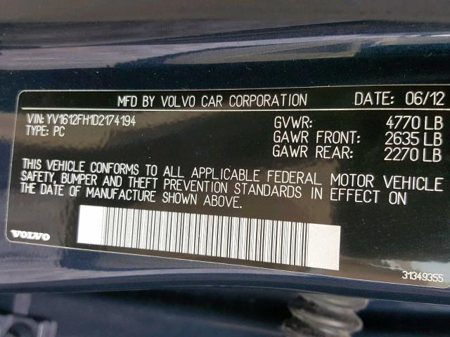 YV1612FH1D2174194 - 2013 VOLVO S60 T5 BLUE photo 10