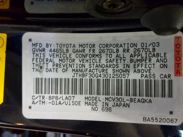 JTHBF30G430125057 - 2003 LEXUS ES 300 BLUE photo 10