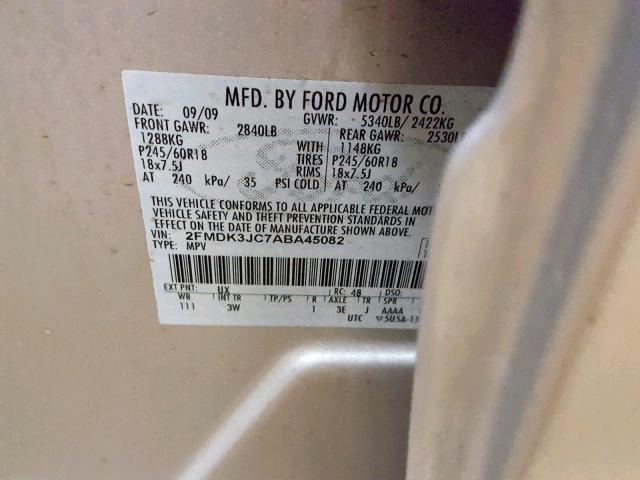 2FMDK3JC7ABA45082 - 2010 FORD EDGE SEL SILVER photo 10