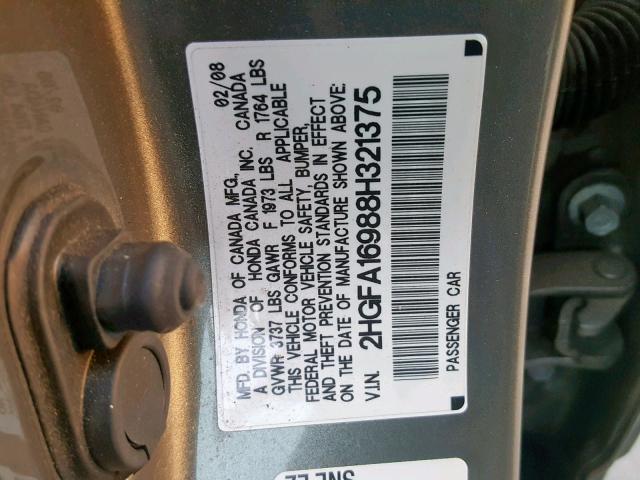 2HGFA16988H321375 - 2008 HONDA CIVIC EXL 灰色 照片 10