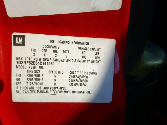 1G2NF52E64C141531 - 2004 PONTIAC GRAND AM S RED photo 10