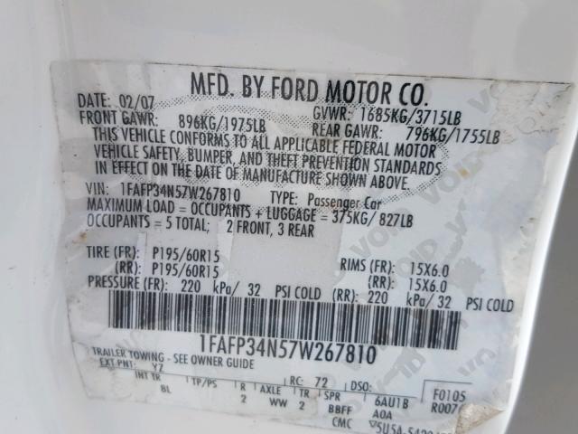 1FAFP34N57W267810 - 2007 FORD FOCUS ZX4 WHITE photo 10