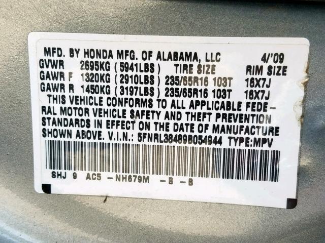 5FNRL38489B054944 - 2009 HONDA ODYSSEY EX BLUE photo 10