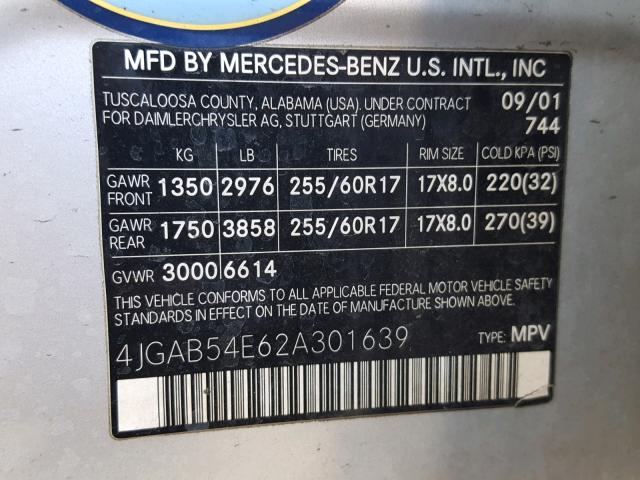 4JGAB54E62A301639 - 2002 MERCEDES-BENZ ML 320 SILVER photo 10