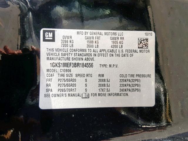 1GKS1MEF3BR184556 - 2011 GMC YUKON XL D BLACK photo 10