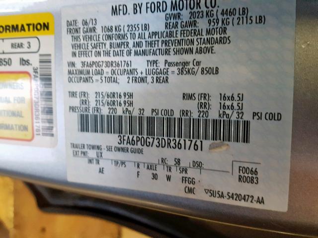 3FA6P0G73DR361761 - 2013 FORD FUSION S SILVER photo 10