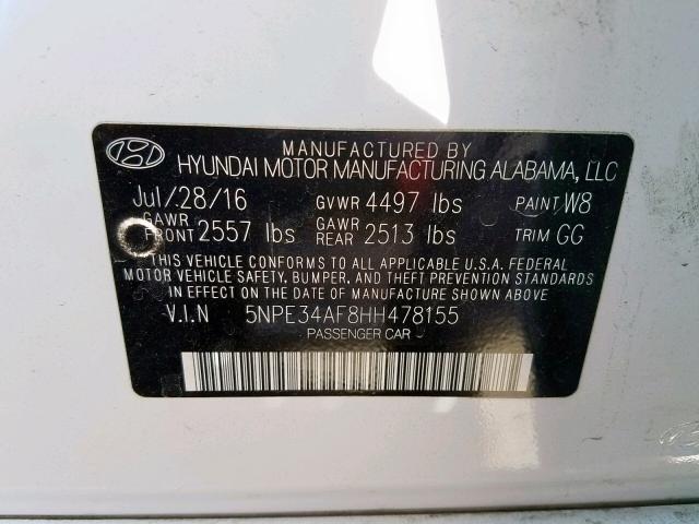 5NPE34AF8HH478155 - 2017 HYUNDAI SONATA SPO WHITE photo 10