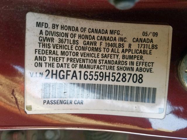 2HGFA16559H528708 - 2009 HONDA CIVIC LX BURGUNDY photo 10