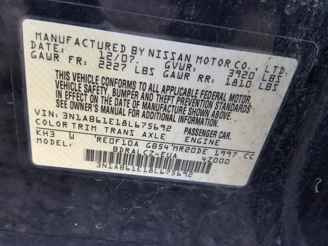 3N1AB61E18L675692 - 2008 NISSAN SENTRA 2.0 BLACK photo 10