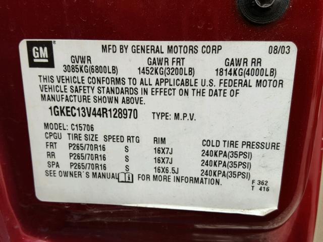 1GKEC13V44R128970 - 2004 GMC YUKON RED photo 10