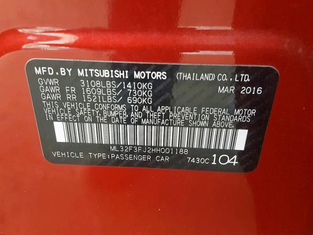 ML32F3FJ2HH001188 - 2017 MITSUBISHI MIRAGE G4 RED photo 10