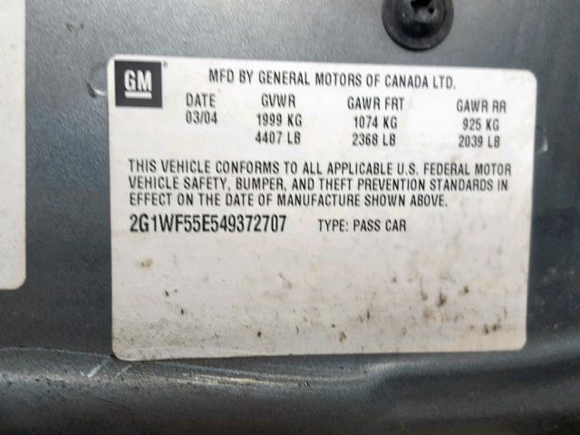 2G1WF55E549372707 - 2004 CHEVROLET IMPALA GREEN photo 10