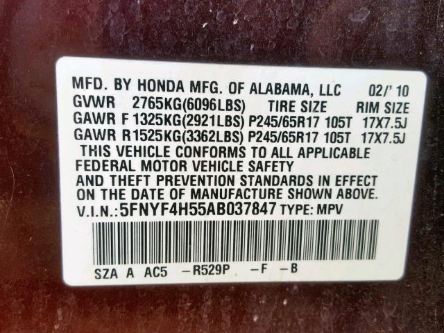 5FNYF4H55AB037847 - 2010 HONDA PILOT EXL PURPLE photo 10