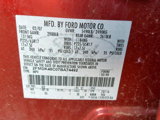 2FMDK48C07BA74492 - 2007 FORD EDGE SEL RED photo 10