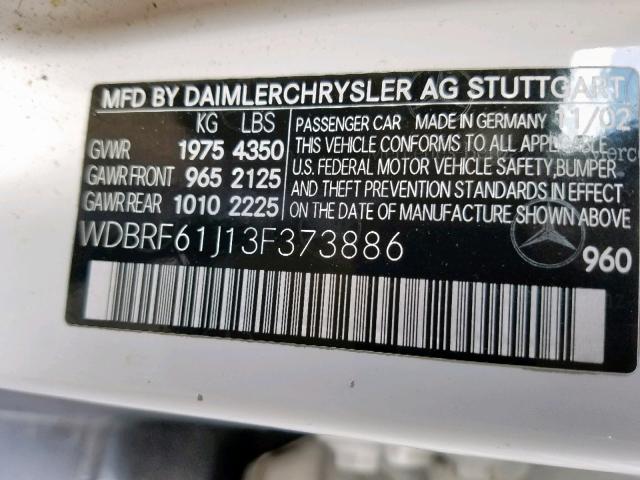 WDBRF61J13F373886 - 2003 MERCEDES-BENZ C 240 WHITE photo 10