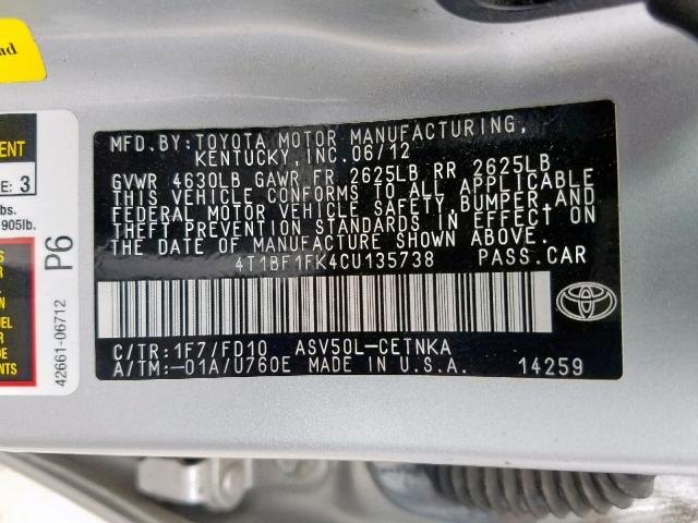 4T1BF1FK4CU135738 - 2012 TOYOTA CAMRY BASE SILVER photo 10