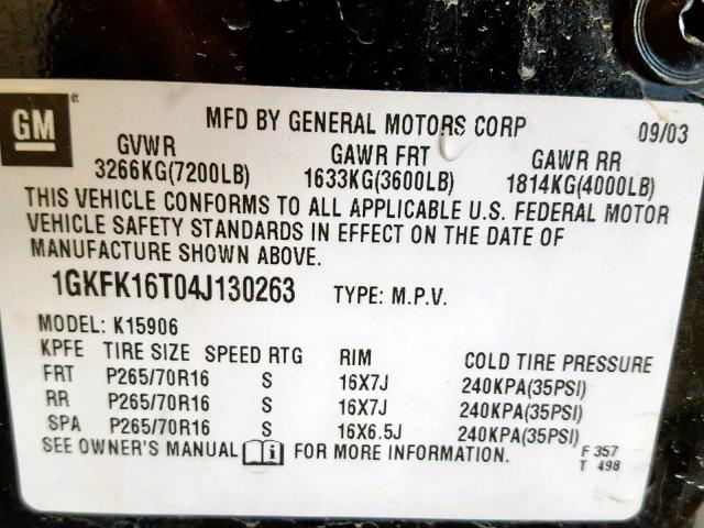 1GKFK16T04J130263 - 2004 GMC YUKON XL K BLACK photo 10