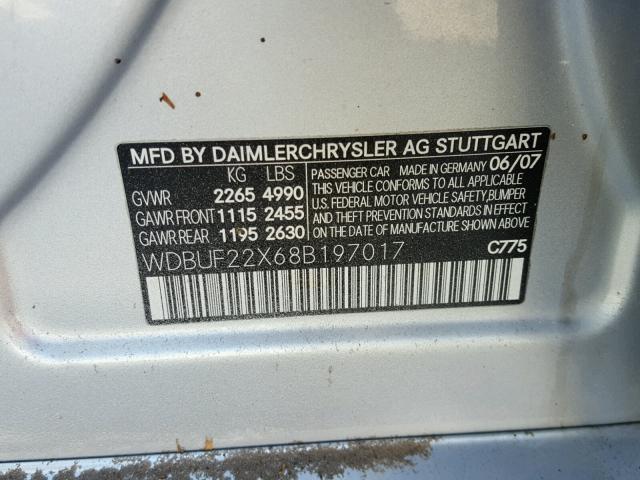 WDBUF22X68B197017 - 2008 MERCEDES-BENZ E 320 CDI SILVER photo 10