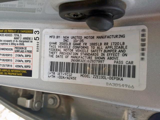 1NXBR32E16Z607997 - 2006 TOYOTA COROLLA CE SILVER photo 10