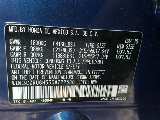 3CZRU6H53GM722580 - 2016 HONDA HR-V EX BLUE photo 10