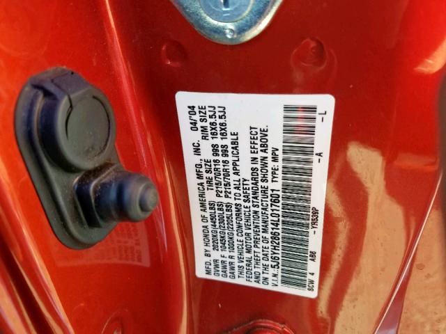 5J6YH28614L017601 - 2004 HONDA ELEMENT EX ORANGE photo 10