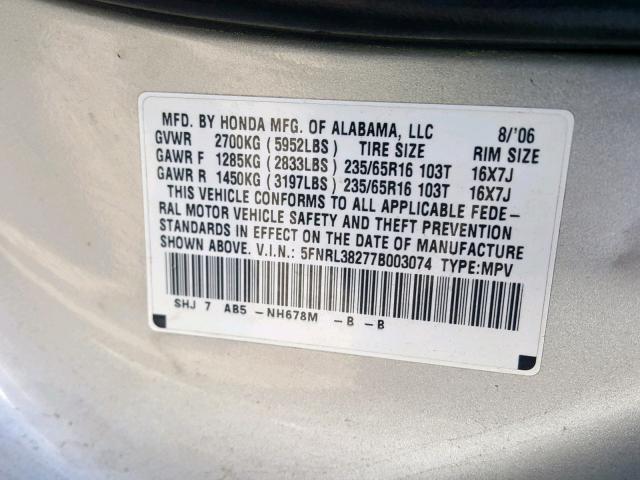 5FNRL38277B003074 - 2007 HONDA ODYSSEY LX SILVER photo 10