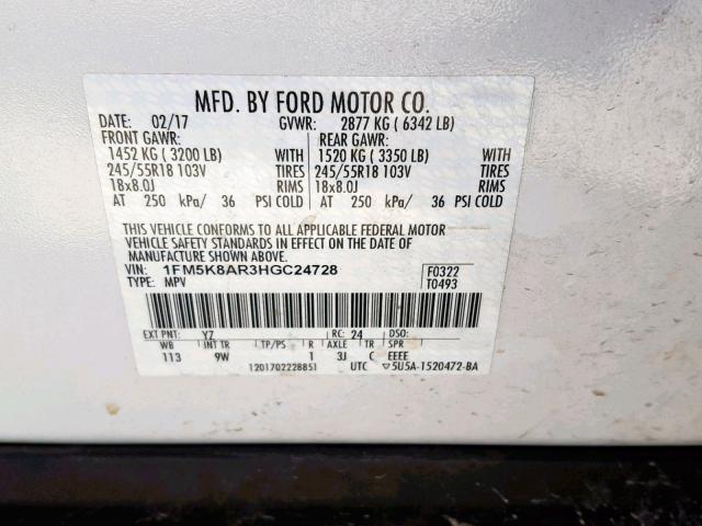 1FM5K8AR3HGC24728 - 2017 FORD EXPLORER P WHITE photo 10