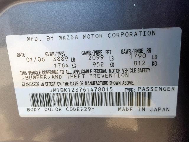 JM1BK123761478015 - 2006 MAZDA 3 S GRAY photo 10