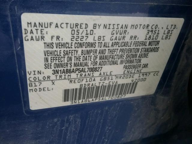 3N1AB6AP5AL700827 - 2010 NISSAN SENTRA 2.0 BLUE photo 10