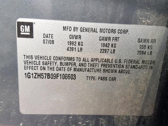 1G1ZH57B09F106603 - 2009 CHEVROLET MALIBU 1LT GRAY photo 10