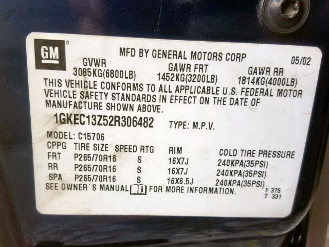 1GKEC13Z52R306482 - 2002 GMC YUKON BLUE photo 10