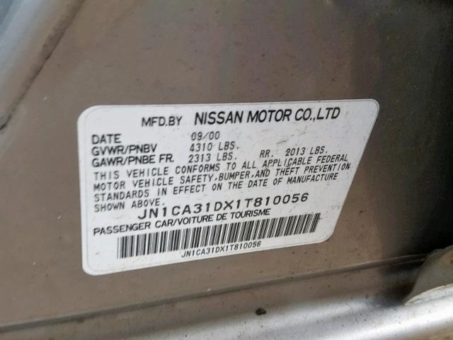 JN1CA31DX1T810056 - 2001 NISSAN MAXIMA GXE GRAY photo 10