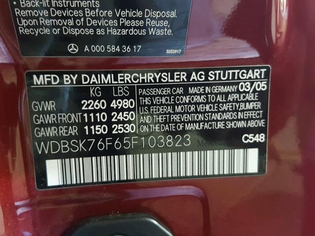 WDBSK76F65F103823 - 2005 MERCEDES-BENZ SL 600 RED photo 10