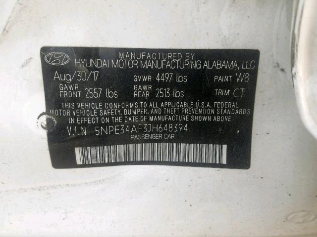 5NPE34AF3JH648394 - 2018 HYUNDAI SONATA SPO WHITE photo 10