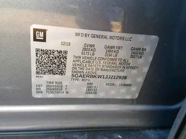 5GAERBKW1JJ212928 - 2018 BUICK ENCLAVE ES GRAY photo 10