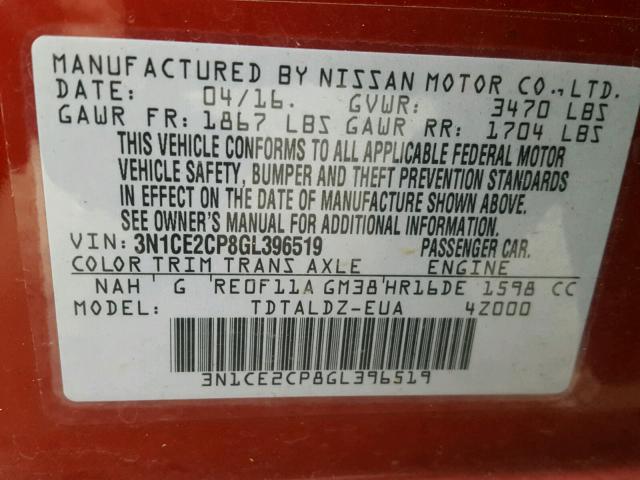 3N1CE2CP8GL396519 - 2016 NISSAN VERSA NOTE RED photo 10