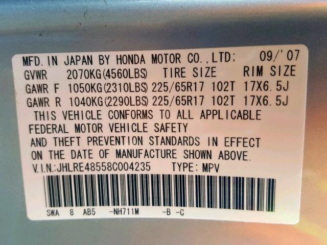 JHLRE48558C004235 - 2008 HONDA CR-V EX SILVER photo 10