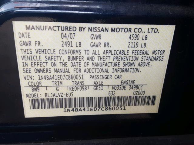 1N4BA41E07C860051 - 2007 NISSAN MAXIMA SE BLUE photo 10